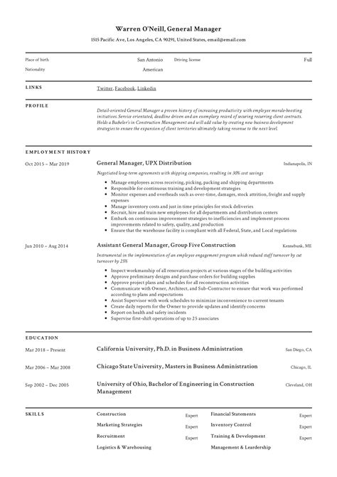 resume examples for general manager