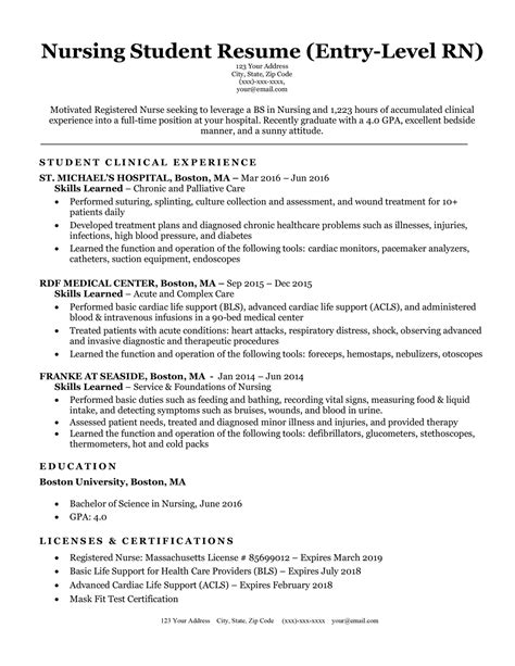 resume for nursing school application