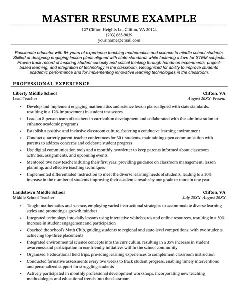 resume format for master's application