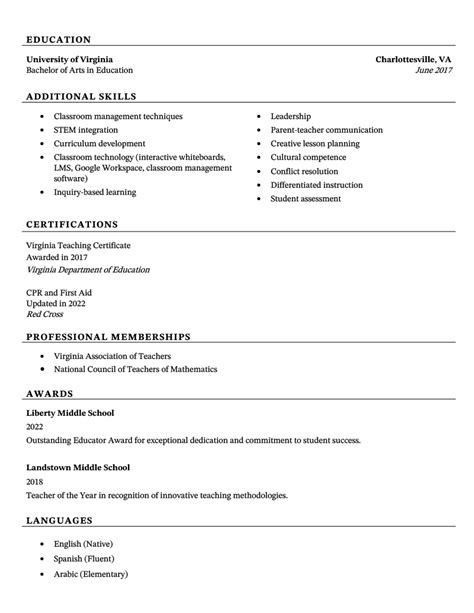 resume format for master's application in us
