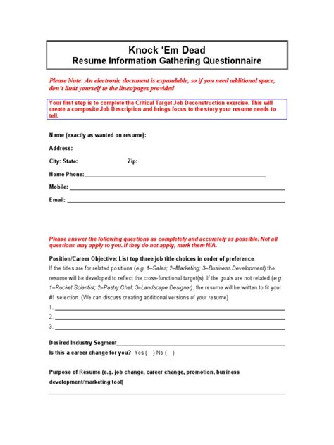 Resume Information Gathering Questionnaire Printable
