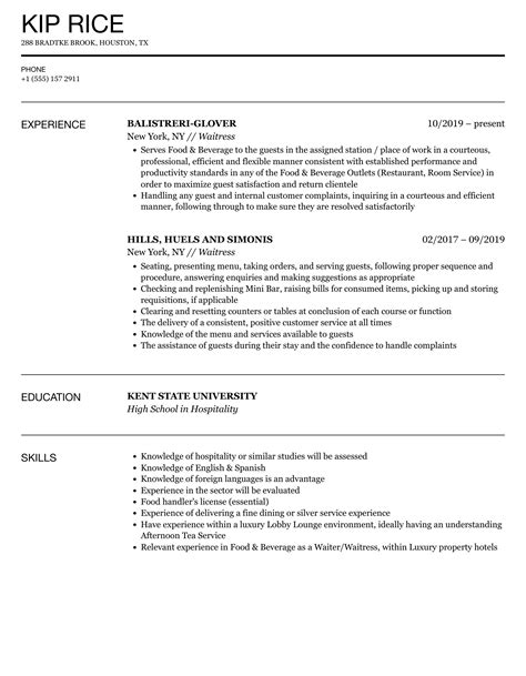 resume objective examples for waitress