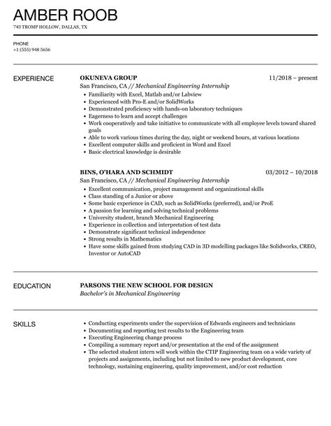 resume objective for mechanical engineering internship