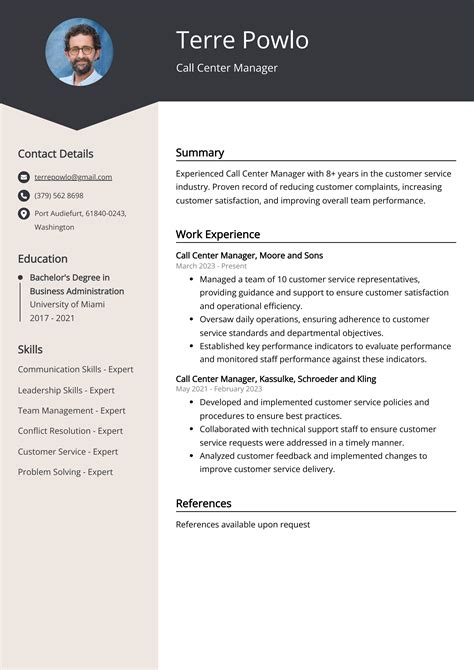 resume summary examples for call center manager