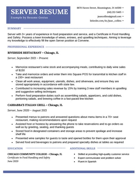 resume summary examples for server