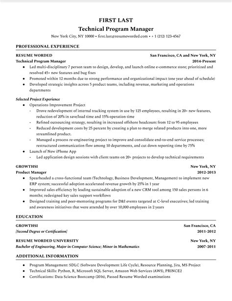 resume template for technical project manager