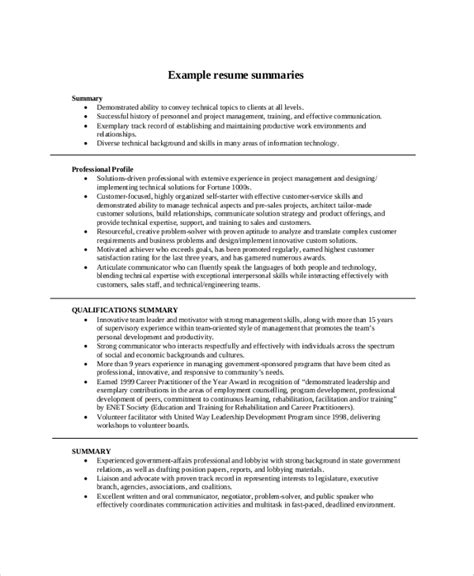 resume work experience summary examples