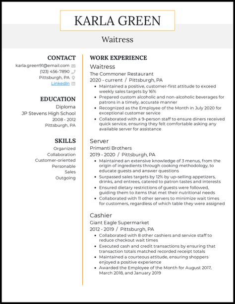 Cocktail Waitress Resume PDF Format