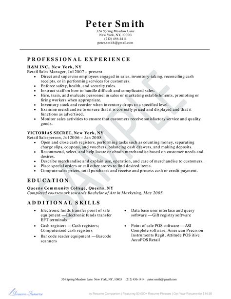 Retail sales manager resume, example, job description
