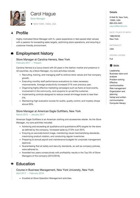 Store Manager Resume Sample, Template, Example, CV, Formal