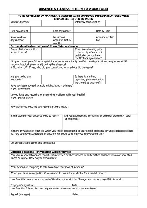44 Return to Work & Work Release Forms Printable Templates