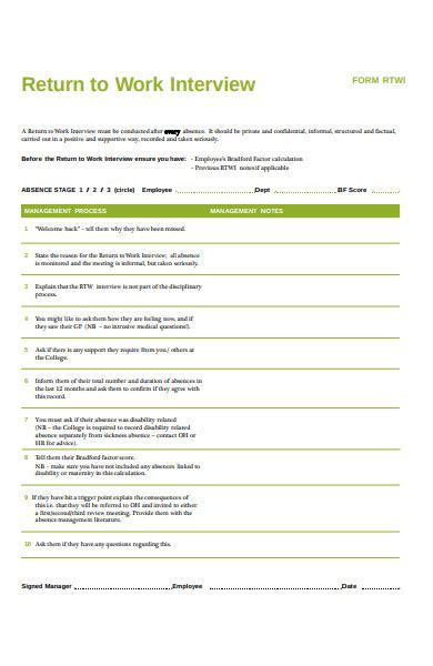 return to work interview form template