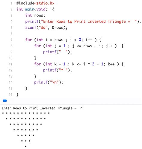 reverse triangle star pattern program in c