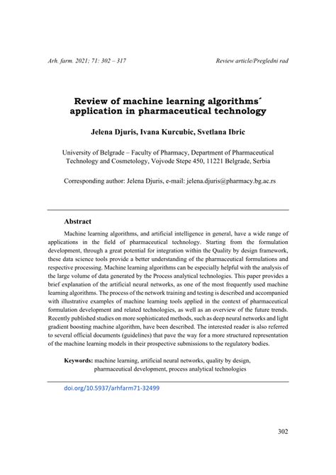 review of machine learning algorithms application in pharmaceutical technology
