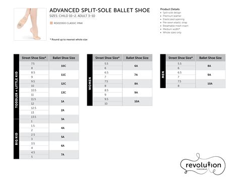 revolution ballet shoes size chart