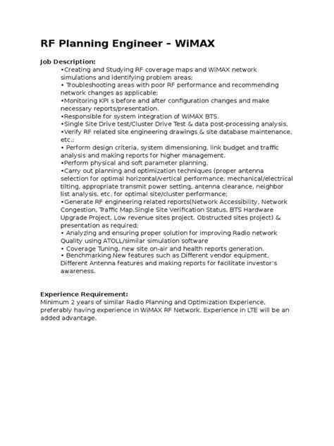 Rf Planning And Optimization Engineer Job Description