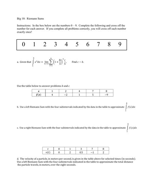 Riemann Sums With Data Points Printable Worksheet
