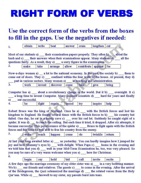right form of verbs exercise for class 6