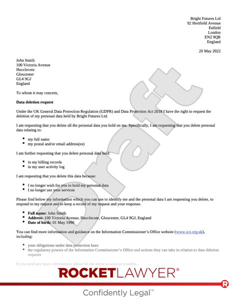Right To Be Forgotten Request Template