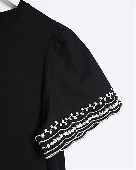 river island black embroidered sleeve t shirt midi dress