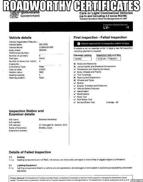Roadworthy Disc Number Example