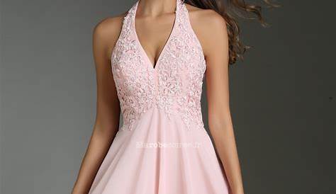 Robe Rose Perle Halter Appliquee De Dentelle Pour Cocktail De