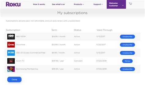 roku subscriptions manage faq