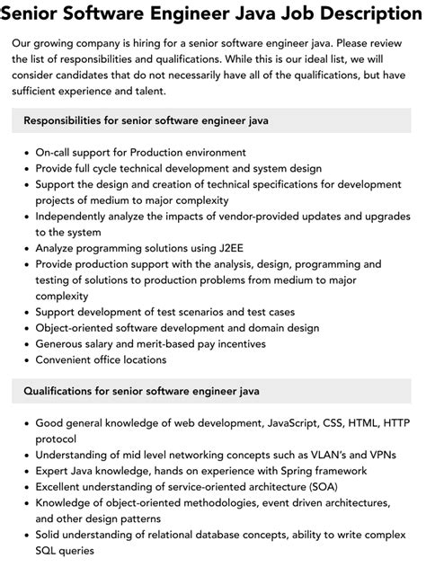 roles and responsibilities of senior software engineer java
