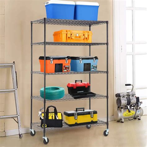 rolling wire shelves with bins