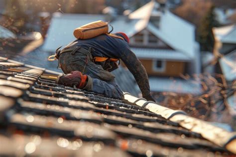 Roofer inspecting roof damage