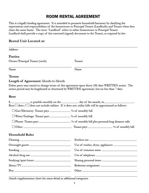 Simple One Page Rental Agreement Room rental agreement, Rental