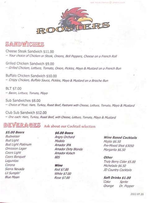 roosters bar and grill menu