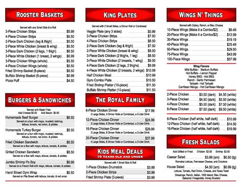 roosters restaurant menu nutrition