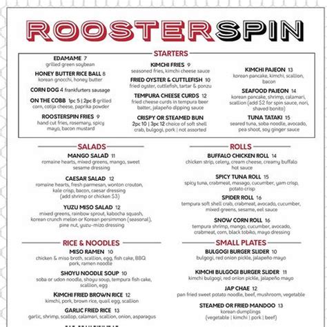 roosterspin menu westfield