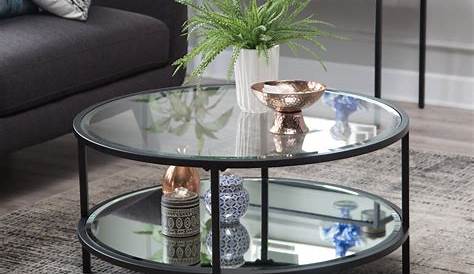 Round Glass Coffee Table With Black High Gloss Base Homegenies
