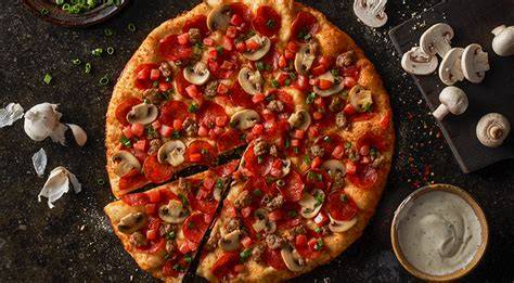 Chicken pizza round stock photo. Image of sour, butter 74974610