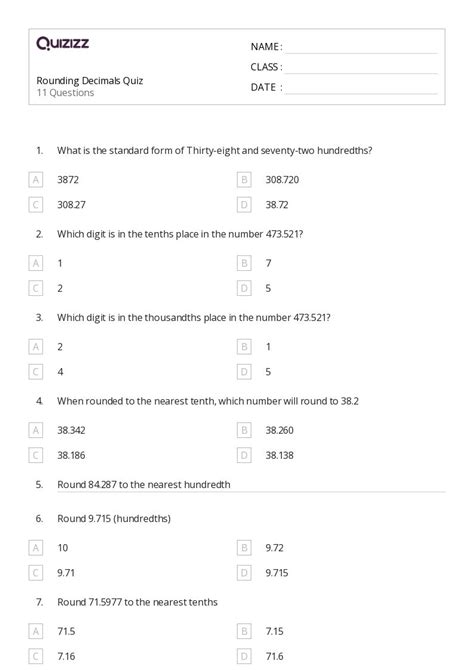 Rounding Decimals Quiz Printable