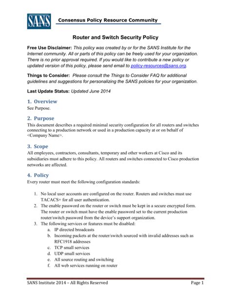 Router And Switch Security Policy Template