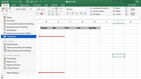 row and column in excel transpose