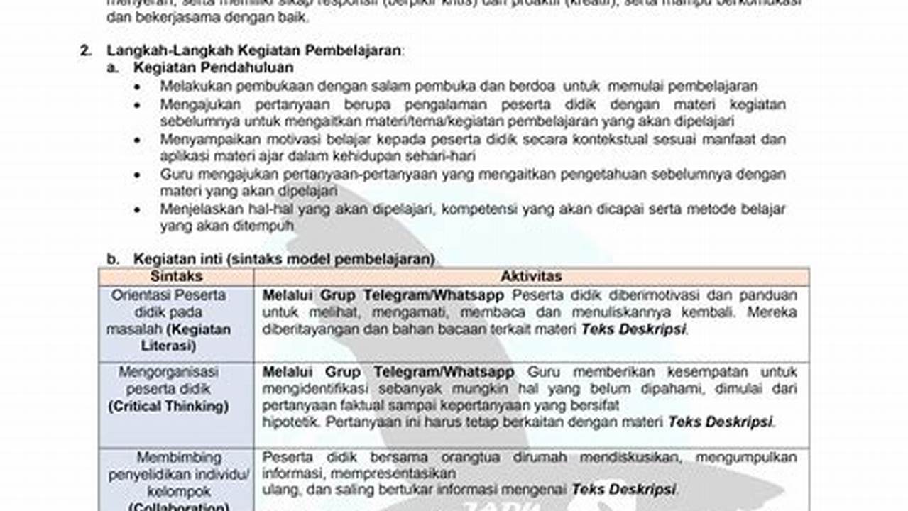 Rencana Pelaksanaan Pembelajaran Daring Bahasa Indonesia Kelas 7 Semester 2