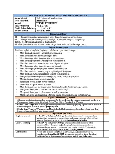 RPP Mata Pelajaran TIK/Informatika SMP Kelas 7