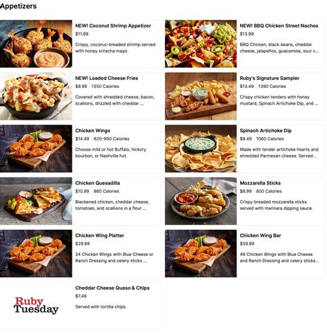 Ruby Tuesday Printable Dinner Menu