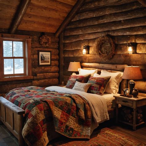 Rustic cabin bedroom decor with wood and stone