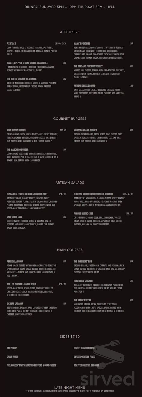 rustic kitchen and bar menu