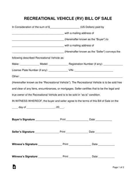 Free Recreational Vehicle (RV) Bill of Sale Forms Word PDF