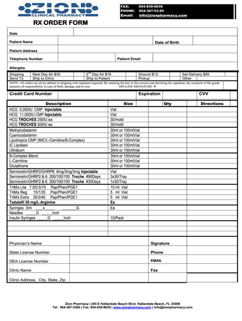 Rx Order Form Printable