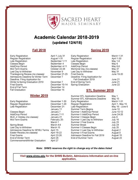 Sacred Heart University Academic Calendar