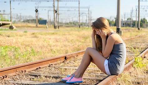 Sad Girl On Railway Track Images Beautiful Teenager Railroad Stock Photo Edit Now