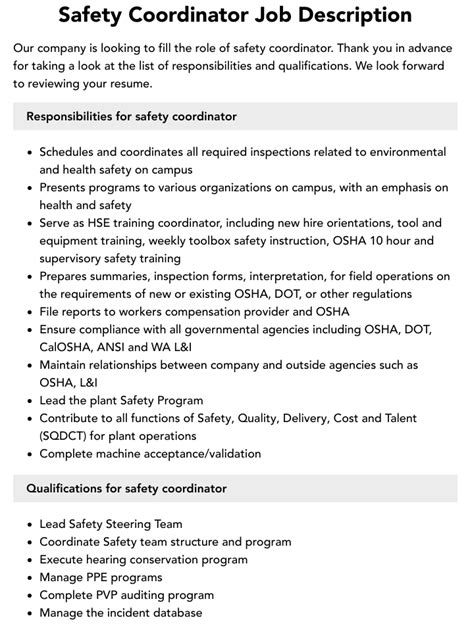 safety coordinator job description duties