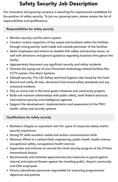 Safety Security Job Description